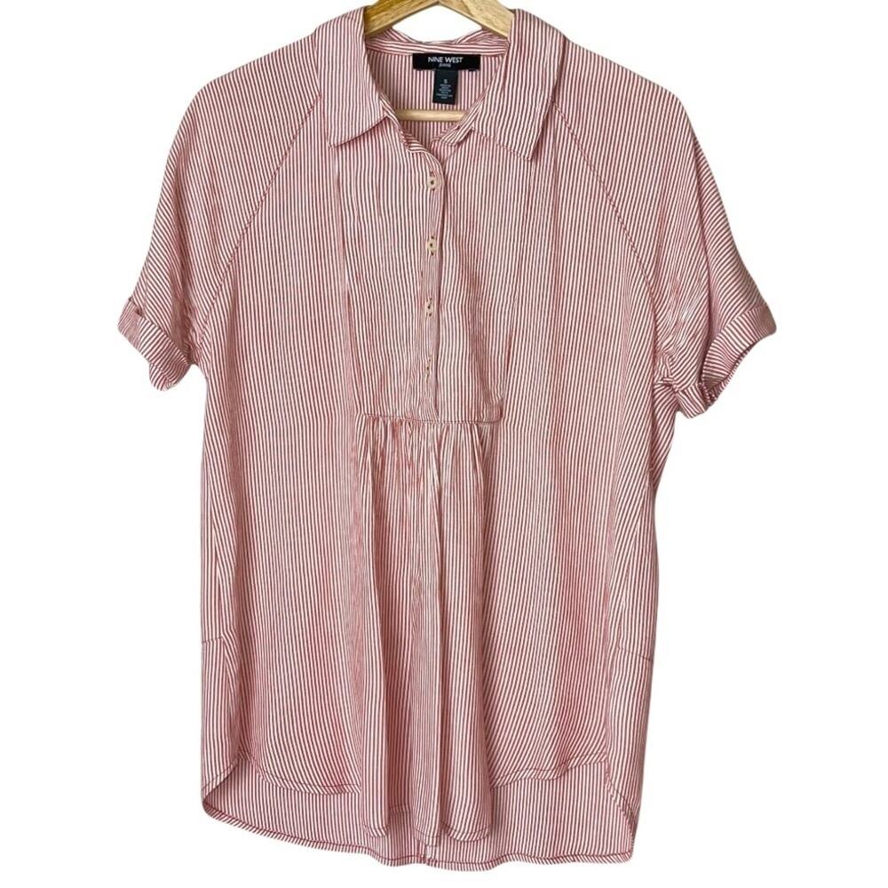 Nine West Casual Pinstripe Striped Popover Blouse Short Sleeve Red White Small